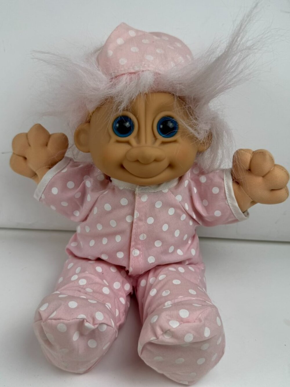 Vintage Baby Troll Doll Plush Pink Polka Dot Pajamas Nightcap Blue Eyes Toy 12"